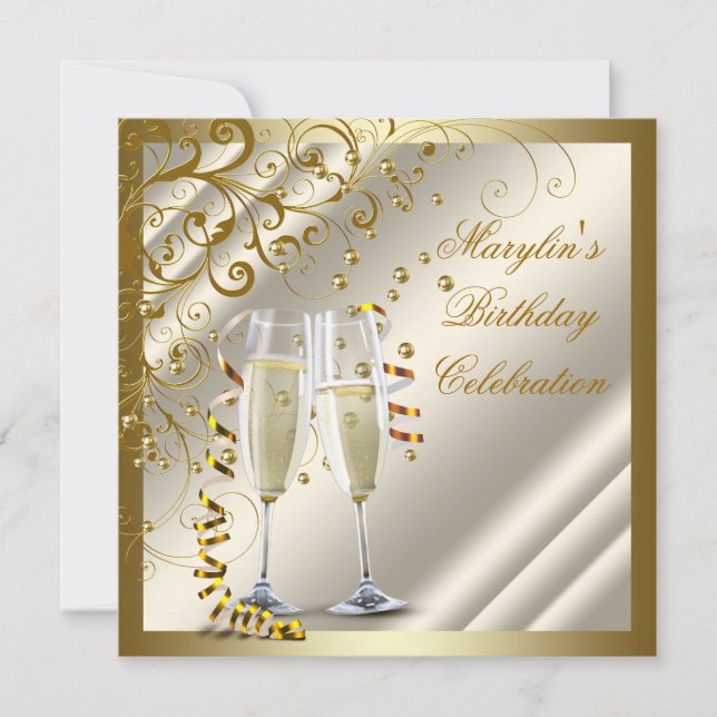 Invitación Cumpleaños elegante marfil dorado de mujer (Anverso)