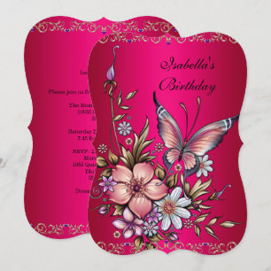 Invitación Cumpleaños Elegante Mariposa Floral Rosa Fucsia