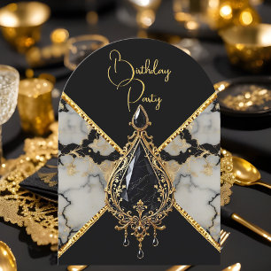 Invitación Cumpleaños Elegante Mármol Negro Blanco Joyas Dora