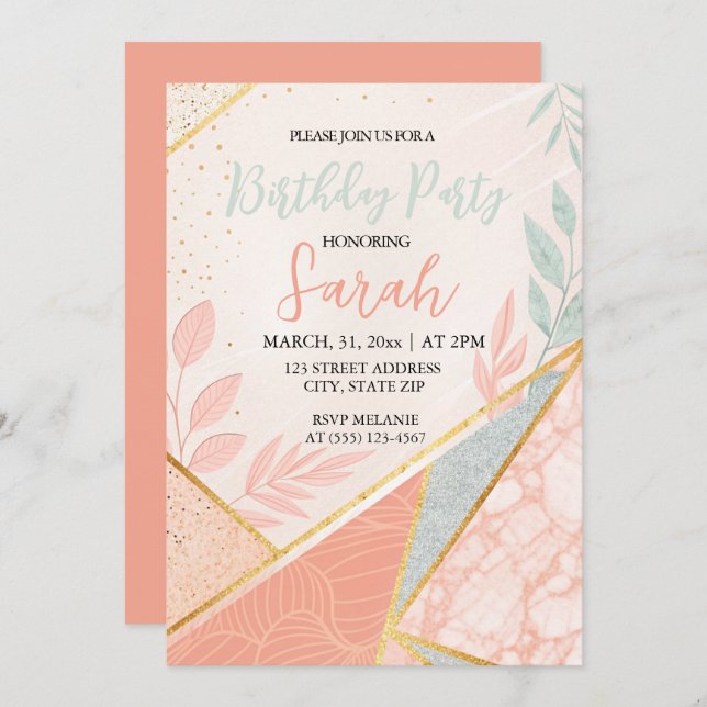Invitación cumpleaños elegante moderno floral dorado sage (Anverso / Reverso)