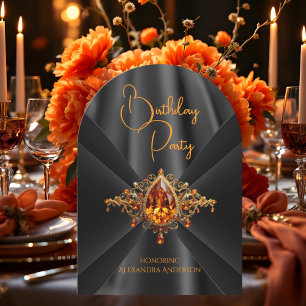 Invitación Cumpleaños elegante naranja dorado negro seda fals