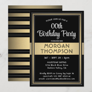 Invitación Cumpleaños elegante negro, blanco y dorado
