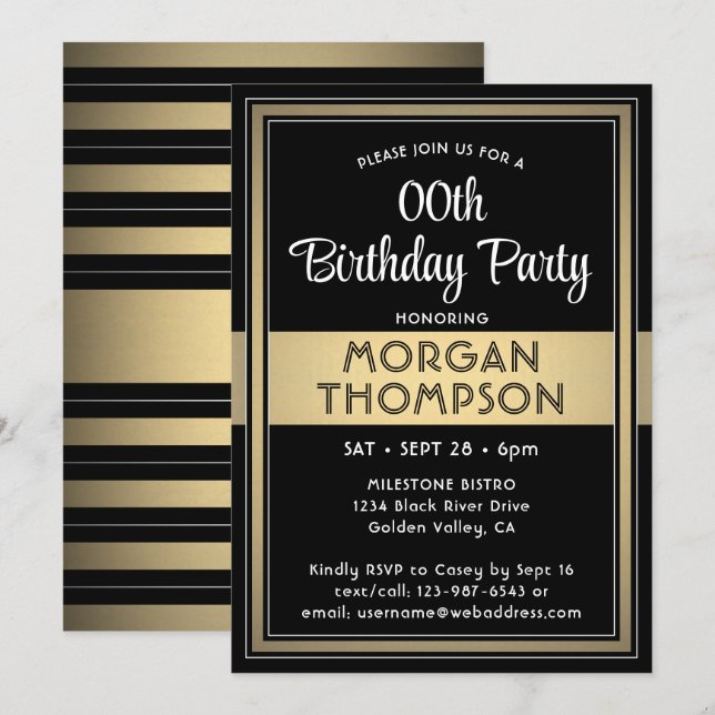 Invitación Cumpleaños elegante negro, blanco y dorado (Anverso / Reverso)