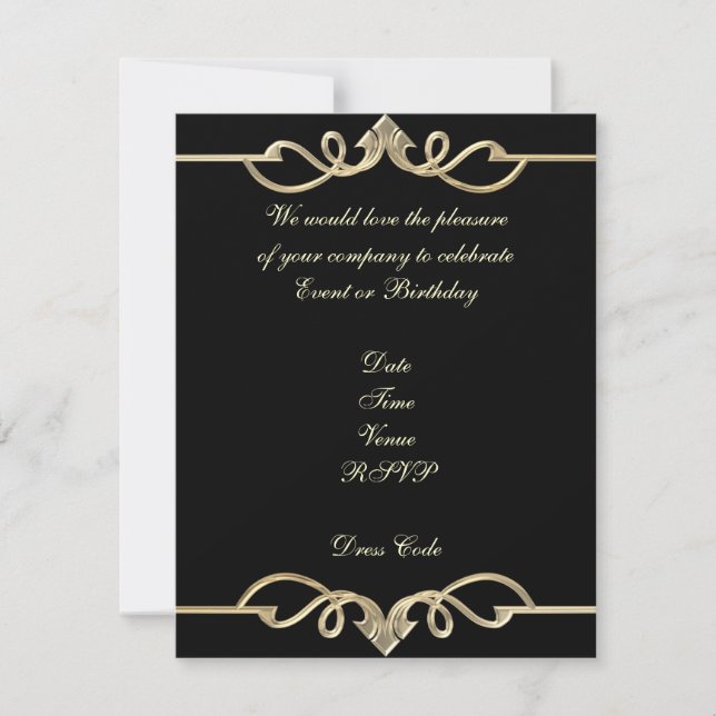 Invitación Cumpleaños Elegante Negro con Borde Dor (Anverso)
