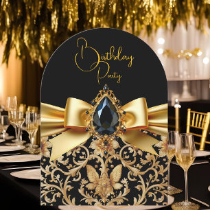 Invitación Cumpleaños Elegante Negro Dorado Lazo Joyas Damasc