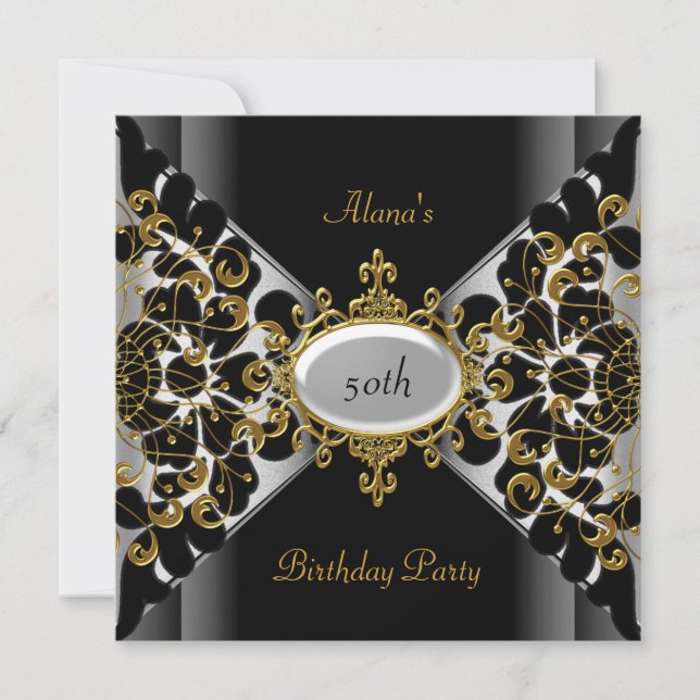 Invitación Cumpleaños Elegante Negro Plateado Dorado Fiesta 5 (Anverso)