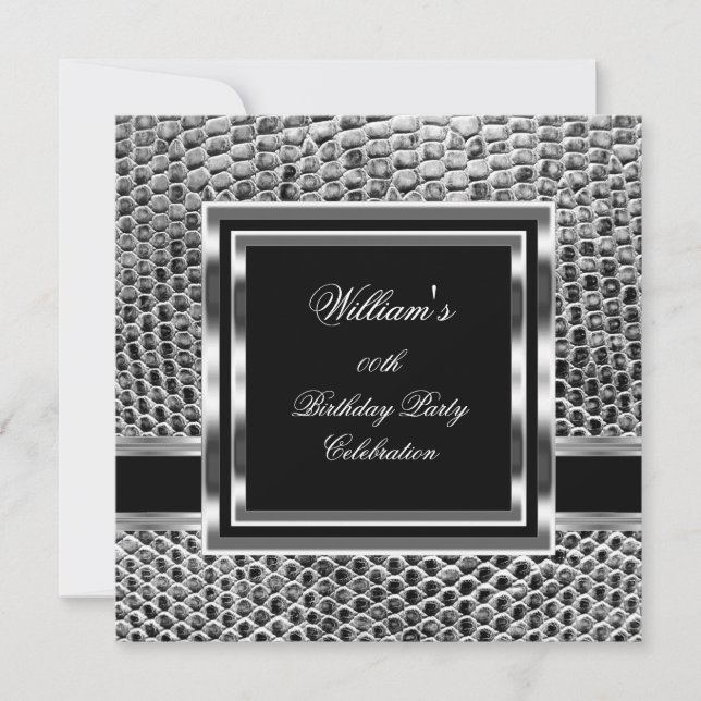 Invitación Cumpleaños elegante negro plateado para hombre (Anverso)