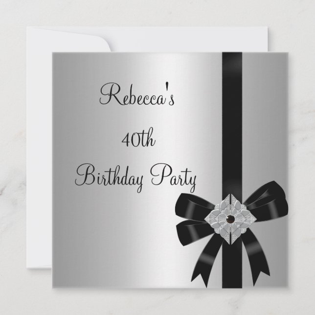 Invitación Cumpleaños elegante número 40 con lazo negro de jo (Anverso)