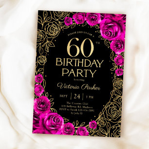 Invitación Cumpleaños elegante número 60 en rosa fucsia negro