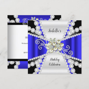 Invitación Cumpleaños Elegante Perla Azul Diamante Blanco Neg