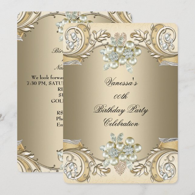 Invitación Cumpleaños Elegante Perla Sepia Café Dorado (Anverso / Reverso)