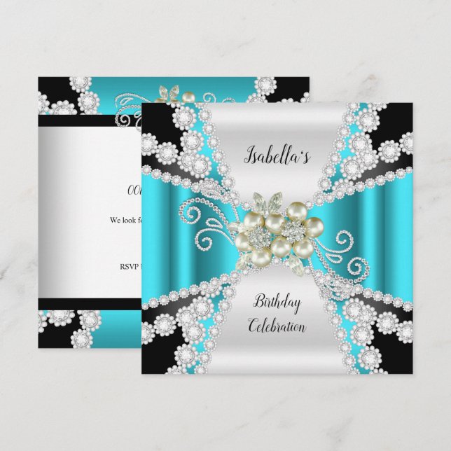 Invitación Cumpleaños Elegante Perla Verde Azul Negro Blanco  (Anverso / Reverso)