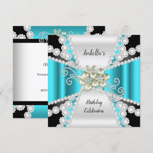 Invitación Cumpleaños Elegante Perla Verde Azul Negro Blanco 