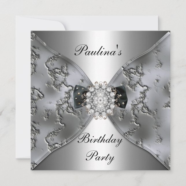 Invitación Cumpleaños Elegante Plata Joyas Diamant (Anverso)