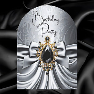 Invitación Cumpleaños Elegante Plateado Dorado Negro Lazo de 