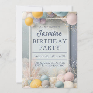 Invitación Cumpleaños Elegante Polvo de Oro Globo Pastel