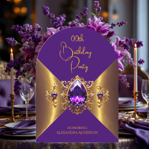 Invitación Cumpleaños Elegante Púrpura Dorado Áureo Joya
