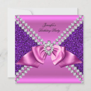 Invitación Cumpleaños Elegante Purpura Rosa Diamante Arco Bri