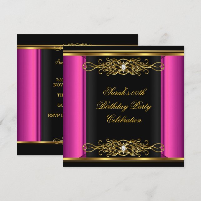 Invitación Cumpleaños elegante rosa caliente negro dorado (Anverso / Reverso)
