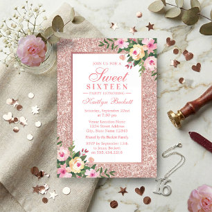 Invitación Cumpleaños Elegante Rosa Dorado Brillo Floral Dulc
