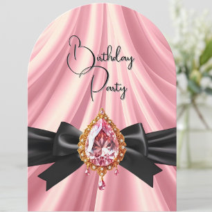 Invitación Cumpleaños Elegante Rosa Dorado Negro Lazo de Joya