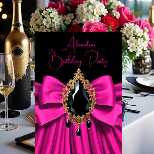 Invitación Cumpleaños Elegante Rosa Fucsia Dorado Lazo de Joy