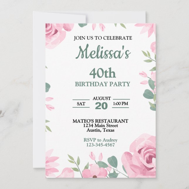 Invitación Cumpleaños elegante rosa y verde agua (Anverso)