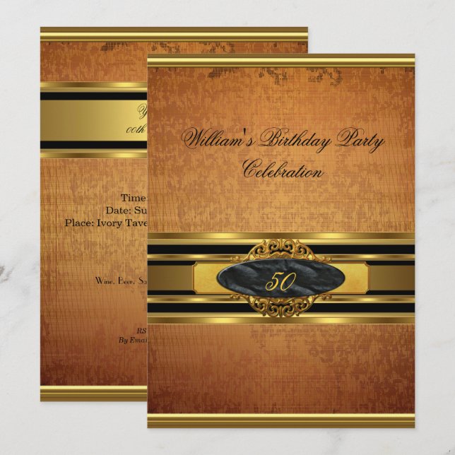 Invitación Cumpleaños elegante rústico marrón dorado hombre C (Anverso / Reverso)