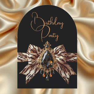 Invitación Cumpleaños Elegante Tigre Lazo Caramelo Dorado Joy