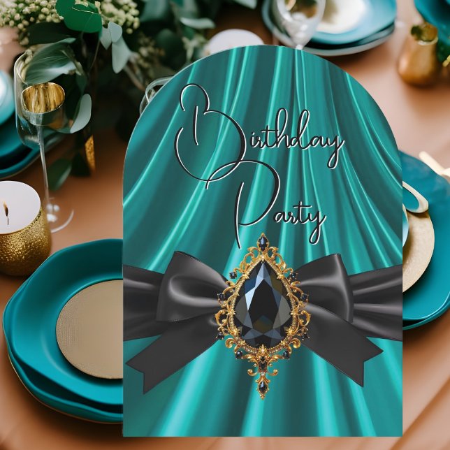 Invitación Cumpleaños Elegante Turquesa Jade Oro Negro Joya (Subido por el creador)