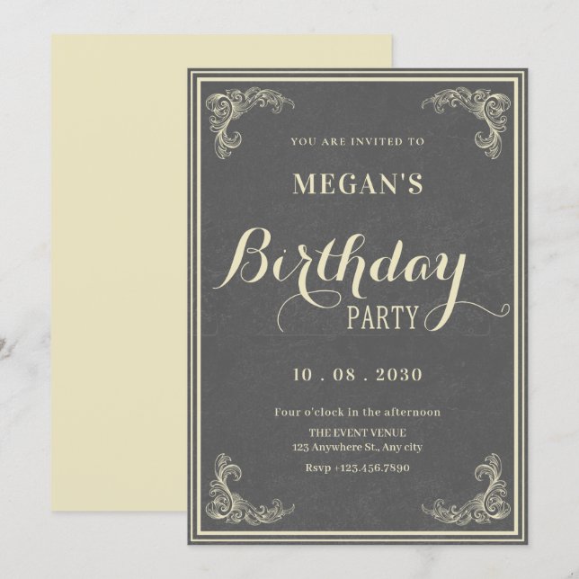 Invitación Cumpleaños elegante vintage gris (Anverso / Reverso)