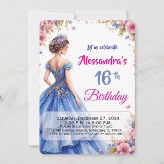 Invitación Cumpleaños elegante y floral de vestido azul edita