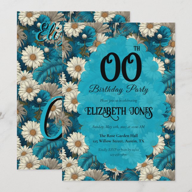 Invitación Cumpleaños emblemático Blue Chic Daisy para mamá (Anverso / Reverso)