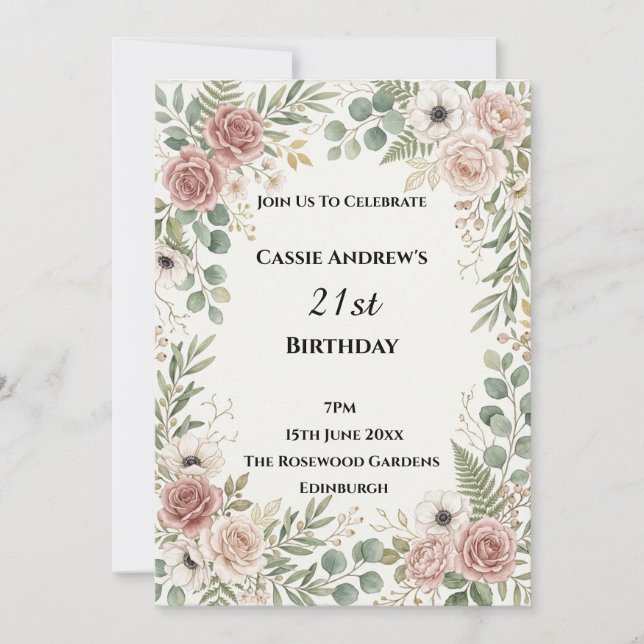 Invitación Cumpleaños emblemático Blush Greenery (Anverso)