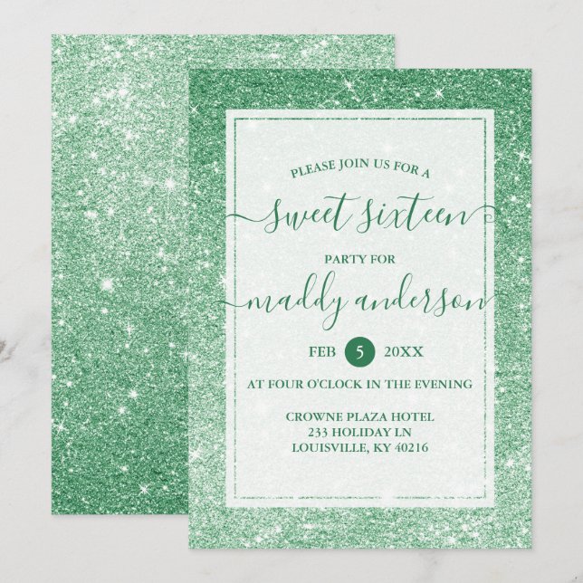 Invitación Cumpleaños Emerald Faux Glitter Elegante Dulces 16 (Anverso / Reverso)
