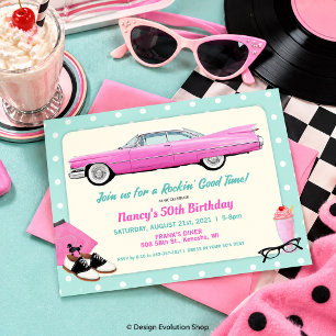 INVITACIÓN CUMPLEAÑOS EN CADILLAC ROSA RETRO DE LOS AÑOS 50 -