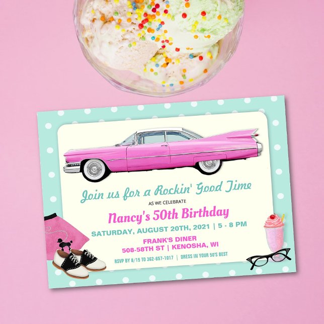 INVITACIÓN CUMPLEAÑOS EN CADILLAC ROSA RETRO DE LOS AÑOS 50 - (Subido por el creador)