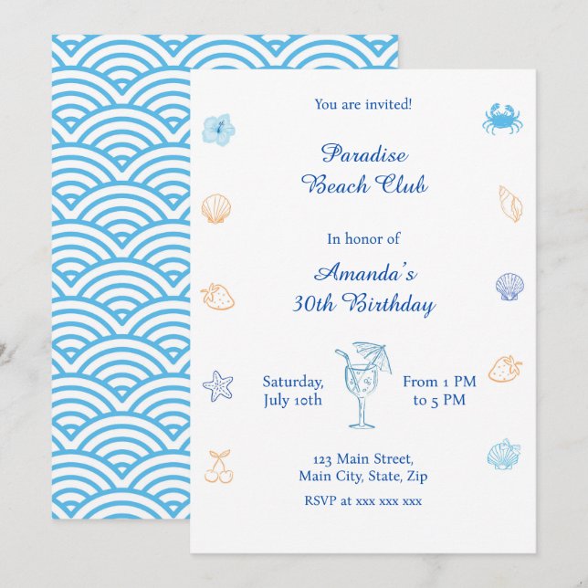 Invitación Cumpleaños en el Club de Playa (Anverso / Reverso)