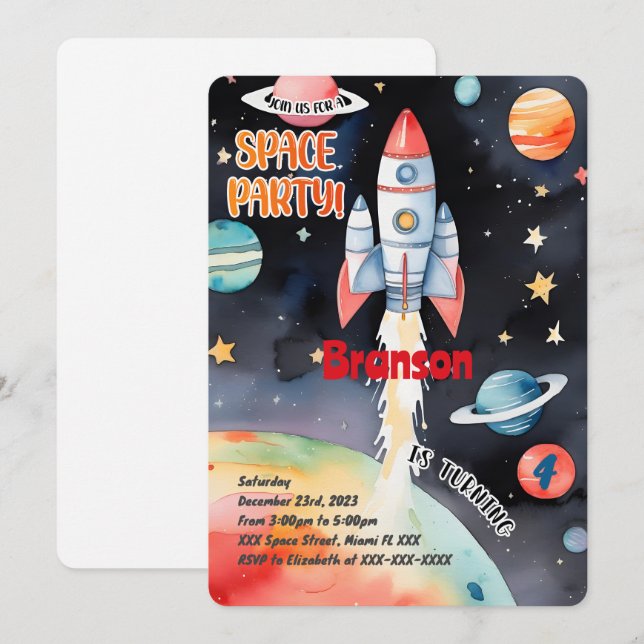 Invitación Cumpleaños en el Espacio Exterior (Anverso / Reverso)