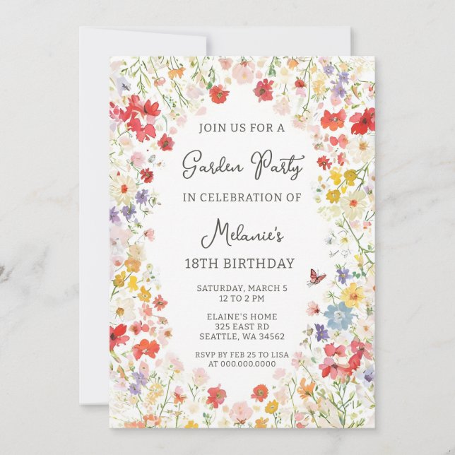 Invitación Cumpleaños en el Jardín de Flores Silvestres (Anverso)