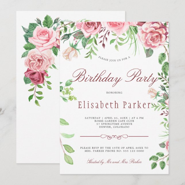 Invitación Cumpleaños en el jardín de rosas rojas y rosadas (Anverso / Reverso)