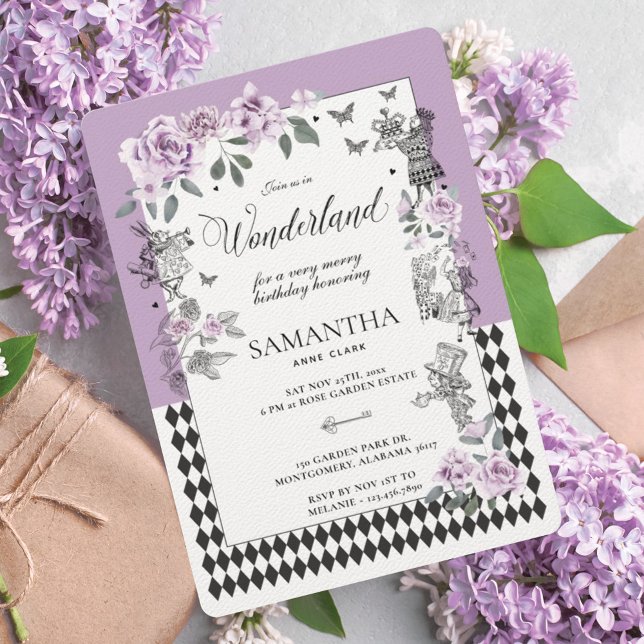 Invitación Cumpleaños en la Moda de Maravilla Floral de Lilac (Birthday in Wonderland Chic Lilac Floral Fairytale Invitation)