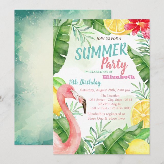 Invitación Cumpleaños en la piscina de flamencos con hoja de  (Anverso / Reverso)