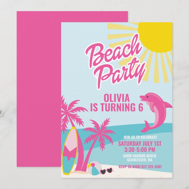 Invitación Cumpleaños en la playa de Malibú rosa (Anverso / Reverso)