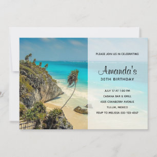 Invitación Cumpleaños en la Playa Tropical con Árboles Azotad