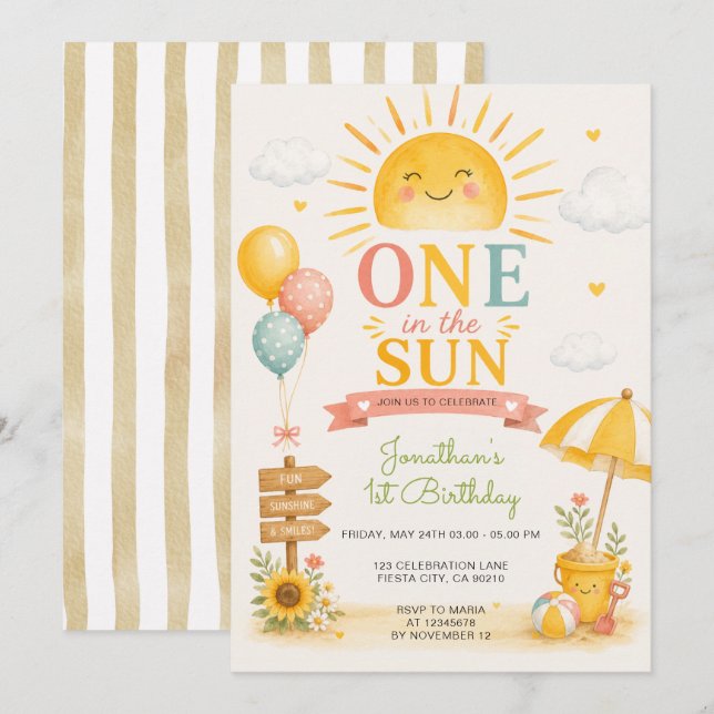 Invitación Cumpleaños en la Primera Playa con Uno en el Sol (Anverso / Reverso)