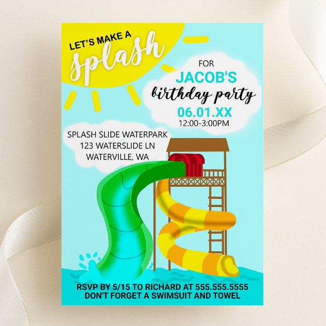 Invitación Cumpleaños en Let's Make a Splash Water Park (Let's Make a Splash - Kids Waterpark Birthday Party Invitation - Summer Birthday)