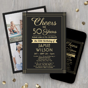 Invitación Cumpleaños en negro y dorado con 4 fotos de Cheers