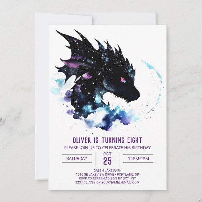 Invitación Cumpleaños encantado de Dragón acuarela (Anverso)