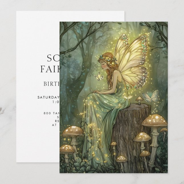 Invitación Cumpleaños encantado de hada con bosque y hongos (Anverso / Reverso)